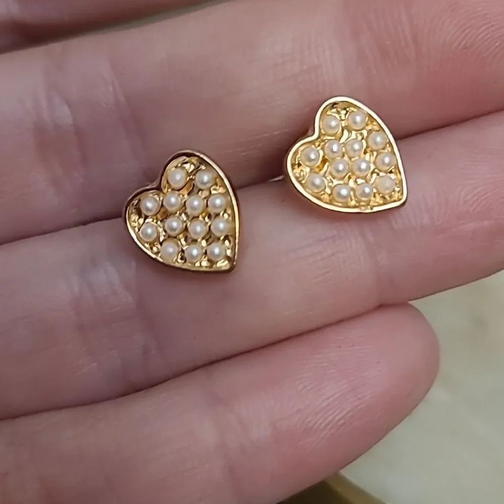 ♡♡♡ Heart Earrings Cute Gift - Gold Alloy Faux Pearl Bead
